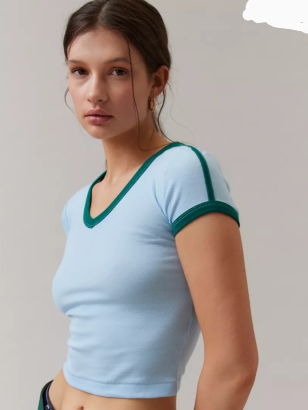 BDG Too Perfect Blue Motif V-Neck Contrast Trim Tee Shirt New With Tags!